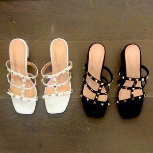 Pyramid studs lend a modern aesthetic to this classic block heel sandal.